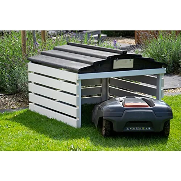 dobar 56192e Mährobotergarage mit abnehmbarem Dach - Rasenroboter Unterstand Massivholz - Rasenmäher Garage - Automower Überdachung - 78,5 x 74 x 52,5 cm - Weiß/Schwarz – Bild 5