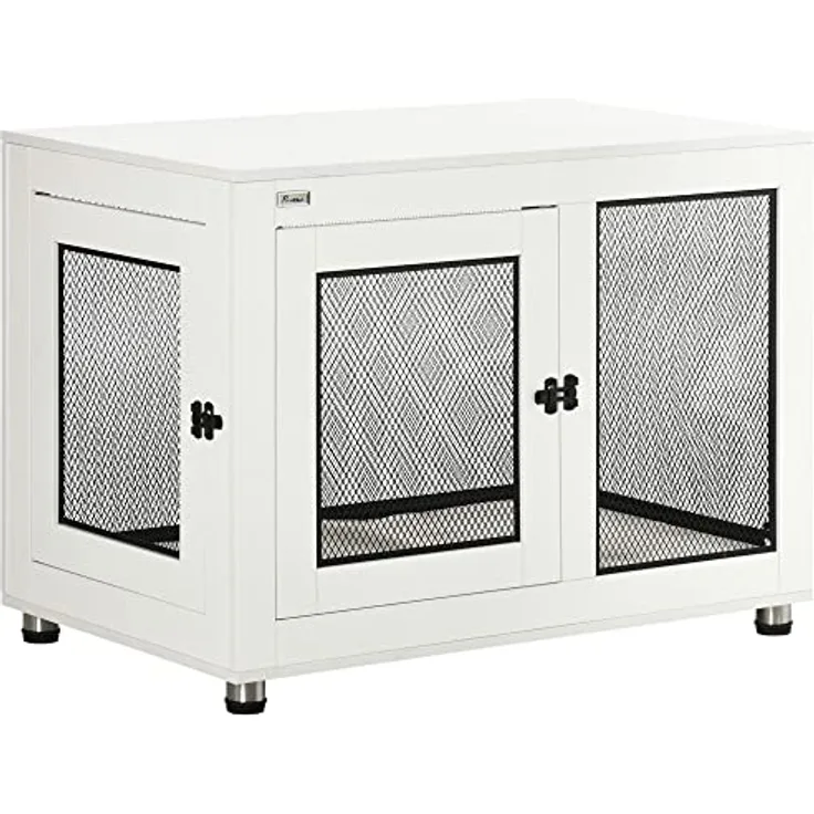 PawHut Hundekäfig, Haustierkäfig, Hundehaus, Hundehütte mit Kissen, Hundebox Indoor, Tierkäfig mit 2 Türen für kleine Hunde bis mittelgroße Hunde, Weiß+Schwarz, 94 x 60 x 71,5 cm