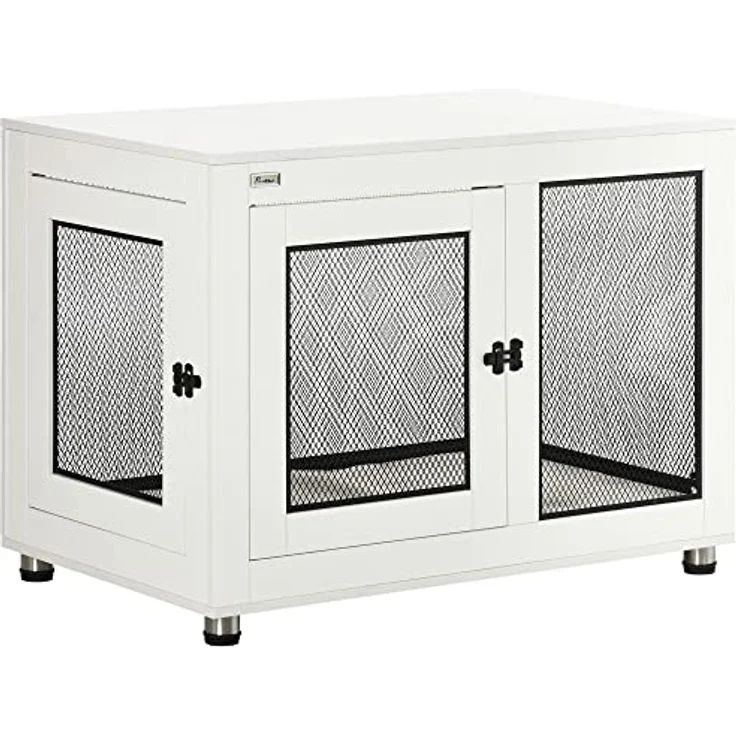 PawHut Hundekäfig, Haustierkäfig, Hundehaus, Hundehütte mit Kissen, Hundebox Indoor, Tierkäfig mit 2 Türen für kleine Hunde bis mittelgroße Hunde, Weiß+Schwarz, 94 x 60 x 71,5 cm – Bild 1
