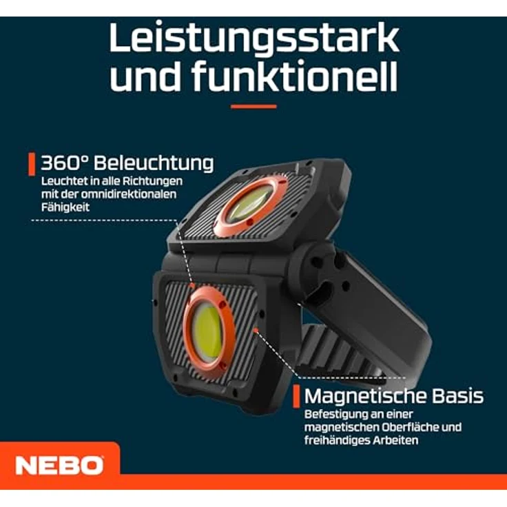 NEBO Omni 3K, Arbeitsleuchte für Handwerker mit doppeltem COB-Ausgang, stoßfest und wasserfest, tragbare, aufladbare USB-C Taschenlampe mit drehbarem magnetischem Handgriff und Dimmer-Funktion – Bild 3