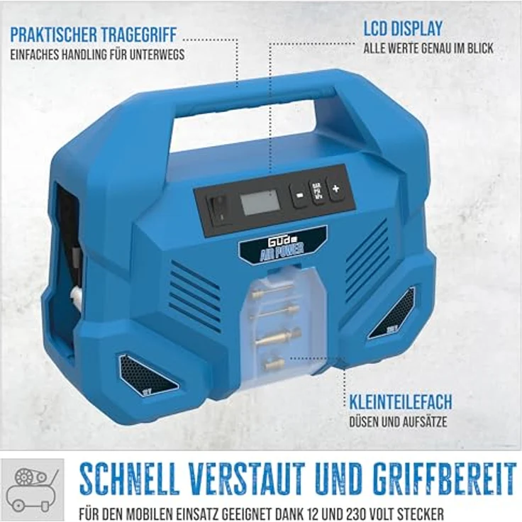Güde Kompressor Dual Drive 12/230V 150 Watt, max 8 bar, tragbar - Leichter und handlicher Kompaktkompressor mit vielseitigem Zubehör – Bild 3