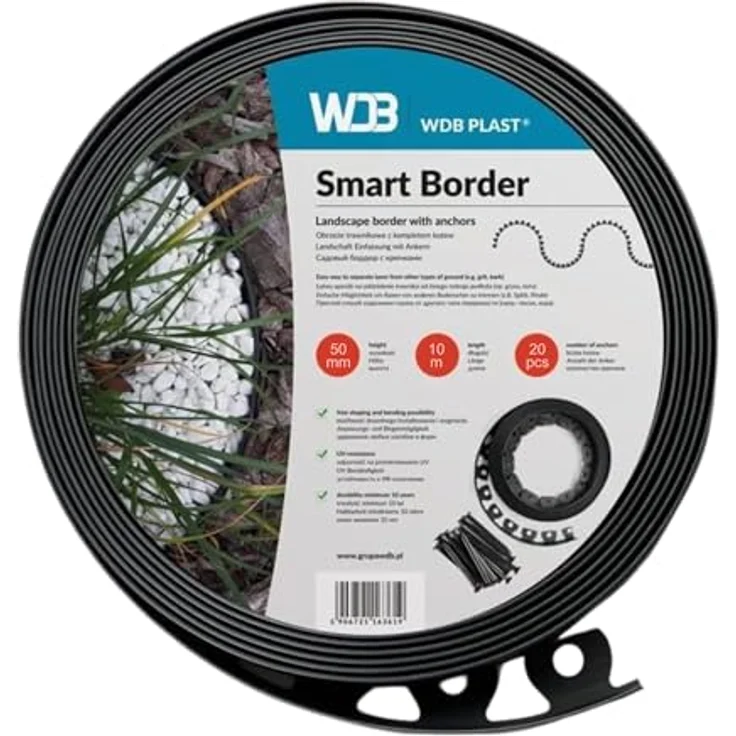 WDB Flexible Rasenkante aus Kunststoff, 20m lang und 5cm hoch, mit 40 Befestigungsnägeln, schwarz RAL 9005, witterungsbeständig und einfach zu installieren – Bild 1