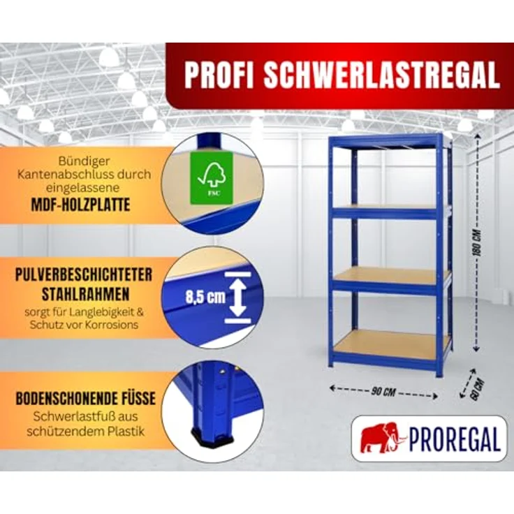 PROREGAL Schwerlastregal DINO, 180x90x60 cm, Fachlast 600 kg, Blau, mit verstellbaren MDF-Böden, ideal für Garage und Lager – Bild 2