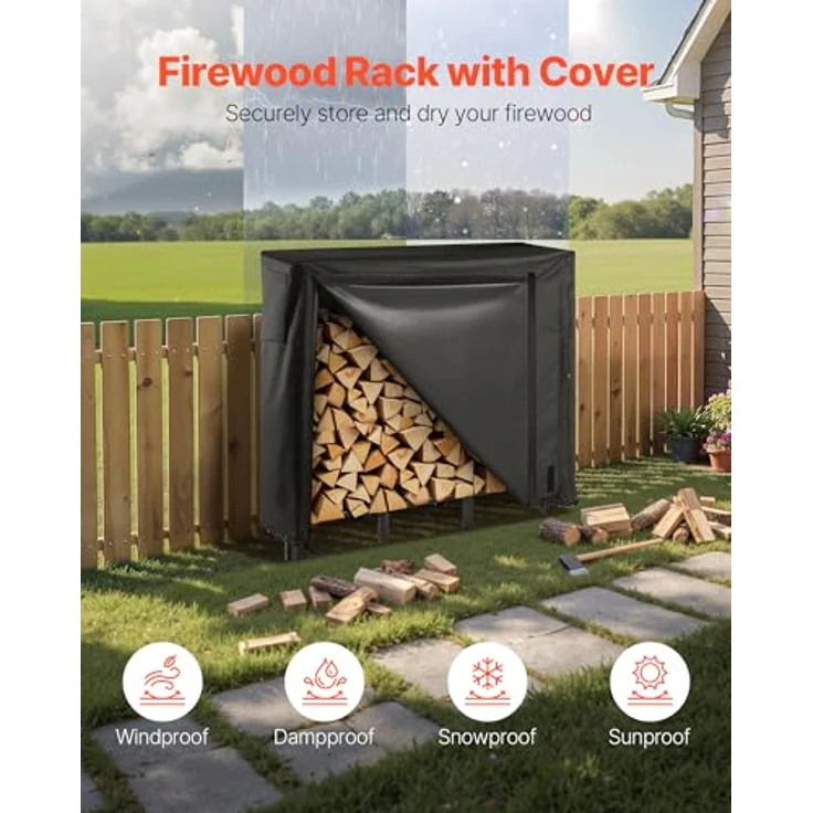 VEVOR Metall Kaminholzregal, 122x32x118 cm, max. Tragkraft 181 kg, wetterfeste Abdeckung aus 600D Oxford-Gewebe, ideal für Veranden und Gärten – Bild 2