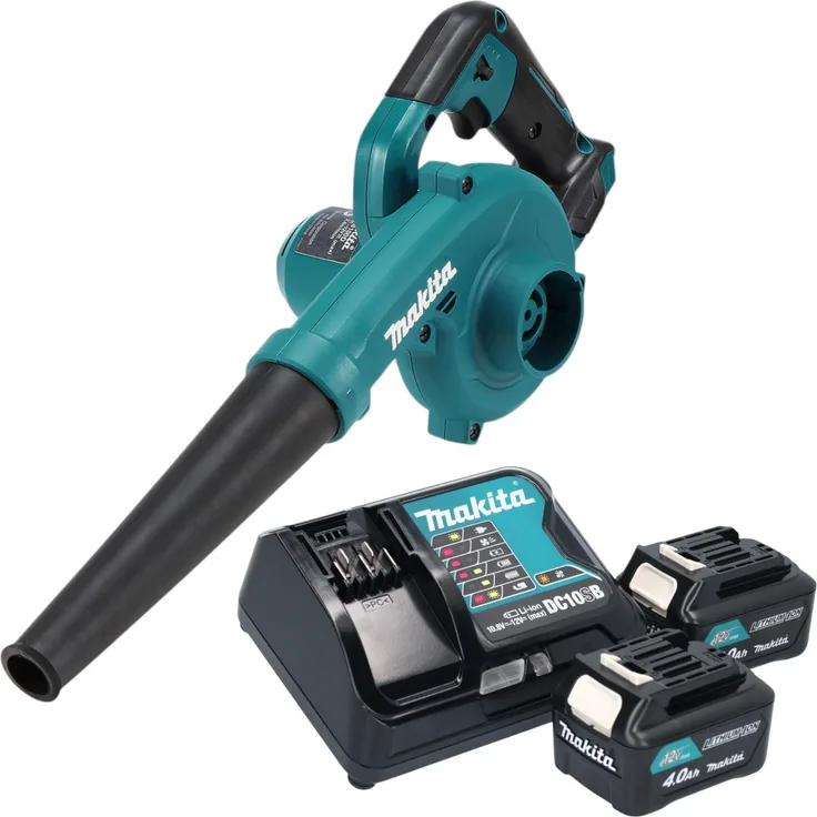Makita UB 100 DSM, Akku Gebläse 12 V max. mit 2x 4,0 Ah Akku und Ladegerät, vielseitig einsetzbar als Laubsauger und Werkstattgebläse