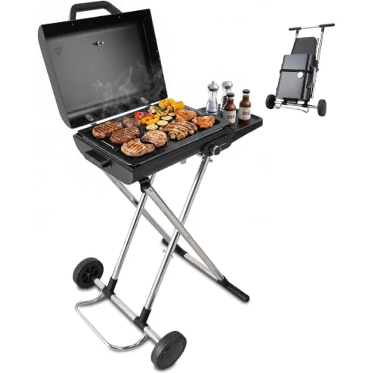 KLAMER Elektrogrill Klappbar, Mobiler Grill für Balkon & Draußen mit Deckelthermometer und Rollen – Bild 1