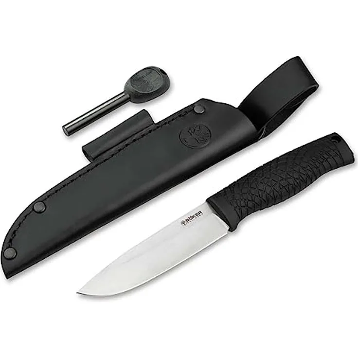 Böker Solingen® Bronco CPM 3V Survivalmesser mit Feuerstahl - Fahrtenmesser mit Lederscheide - Bushcraft- & Outdoor-Messer mit CPM-3V Klinge - Pfadfinder Überlebensmesser mit TPE Griff aus Solingen