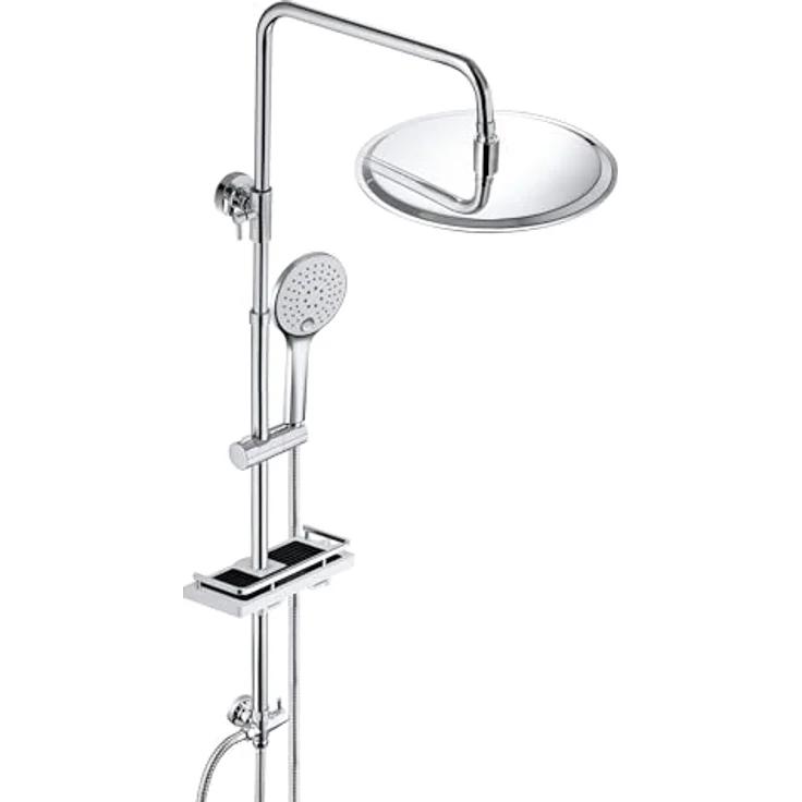 JOHO Edelstahl Duschsystem mit 20 cm Regendusche ohne Armatur, hochverstellbare Duschstange und Handbrause mit 3 Strahlarten, Chrom – Bild 1