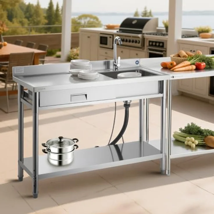 VEVOR Spültisch Spülbecken Edelstahl (120 x 50 x 94 cm), 4 in 1 Multifunktionsdesign mit 360° Wasserhahn & Schublade, ideal für Garage, Restaurant und Außennutzung – Bild 8