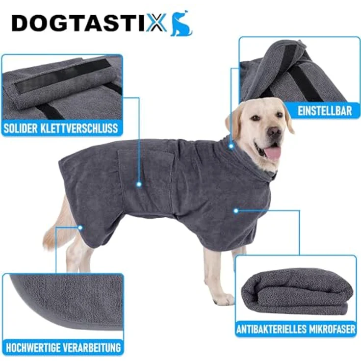 DOGTASTIX Hunde Bademantel schnelltrocknend kleine & große Rassen, Mikrofaser - saugstark & maschinenwaschbar - verstellbar – Bild 3