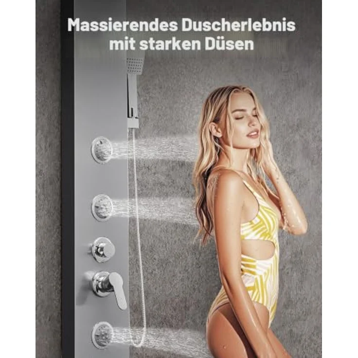 VEVOR Duschpaneel-Turmsystem (5 in 1), Edelstahl Duschsäule mit Regenwasserfall-Duschkopf, Handbrause, Wannenauslauf & 3 Körperdüsen, 1345 mm – Bild 4