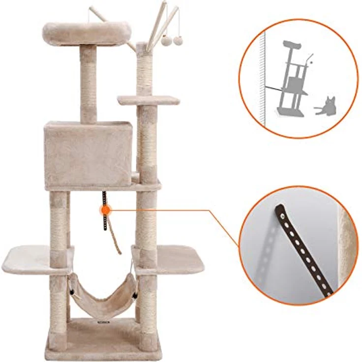 Feandrea XXL Kletterbaum mit Hängematte, Höhle, Spielsisal, 154 cm, Rauchgrau Beige Hellgrau PCT86M – Bild 5