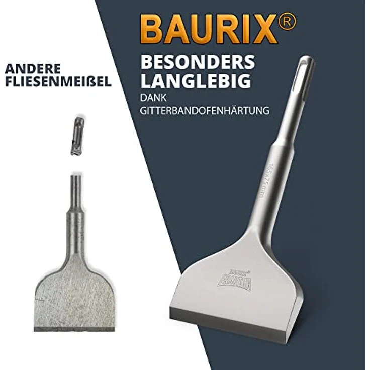 BAURIX® Fliesenmeißel SDS Plus 165x75 mm – Abgewinkelter Flachmeißel aus 42CrMo-Stahl mit bruchsicherem Schaft für müheloses Entfernen von Fliesen und Fliesenkleber – Bild 3