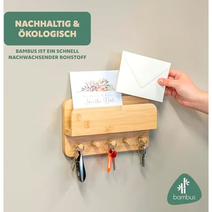 eluno Schlüsselkasten Schlüsselbrett mit Ablage und 5 Schlüsselhaken aus Bambus, modernes Design, zur Wandmontage – Bild 6