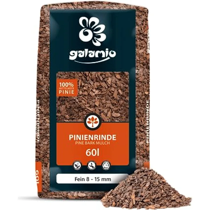 GALAMIO Pinienrinde Fein 8-15mm, 60l Rindenmulch für Garten und Terrarium, effektiver Unkrautschutz, dekorativer rostroter Bodenbelag