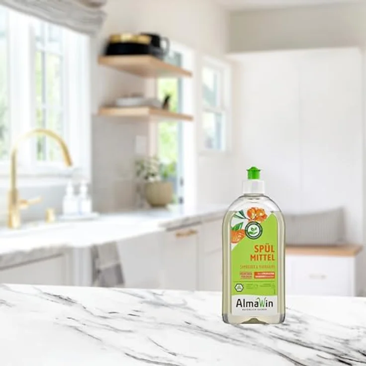 Almawin Spülmittel Sanddorn Mandarine, 500ml Geschirrspülmittel mit hautmilden Weizenproteinen und fruchtigem Duft – Bild 2
