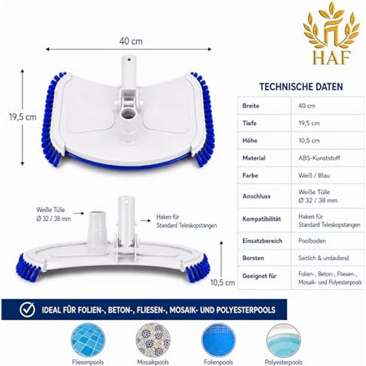 HAF Poolsauger Bodensauger DeLuxe mit dreifach Bürstendesign und 32/38mm Schlauchanschluss für Einbau- & Aufstellpools – Bild 7