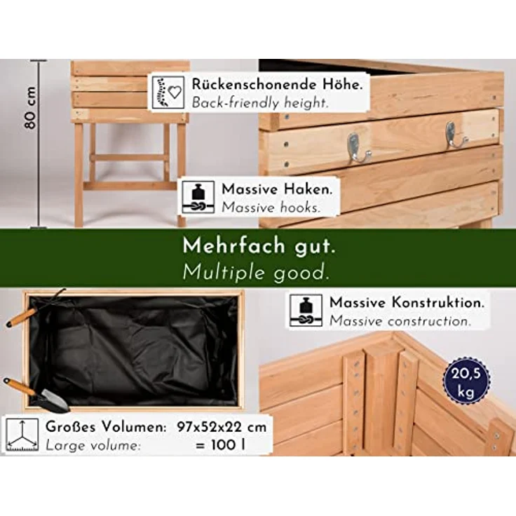 WONDERMAKE® Premium Hochbeet aus Kirschbaum Holz groß für Garten Balkon Terrasse, Pflanzkasten Bausatz XL hochwertig rechteckig mit Vlies-Folie, Kräuterbeet Pflanzenkasten deko, braun – Bild 3