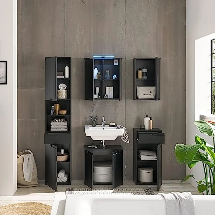 SPICE Badezimmer Waschbeckenunterschrank in Schwarz matt - Bad Unterschrank Badezimmerschrank mit viel Stauraum - 60 x 57,5 x 32 cm (B/H/T) – Bild 5