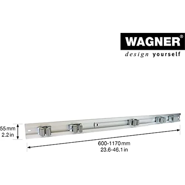 WAGNER - hooks4tools - Gerätehalter CLIPS & SCHIENE AUSZIEHBAR - 600-1170 x 55 mm, 5 Clips 52 x 52 x 38 mm, aus Aluminium, für Geräte Ø max. 3 cm, Tragkraft bis 2 kg/Clip - 15204611 – Bild 2