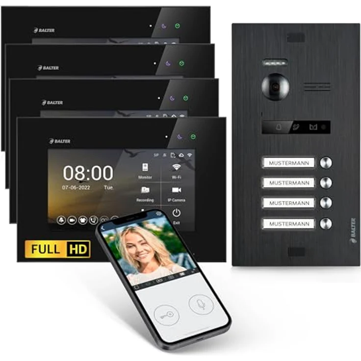 Balter EVO HD Video-Türsprechanlage, Komplettset für 4 Familienhaus, 7 Zoll Touchscreen Monitore, Full HD Kamera, Schwarz – Bild 1