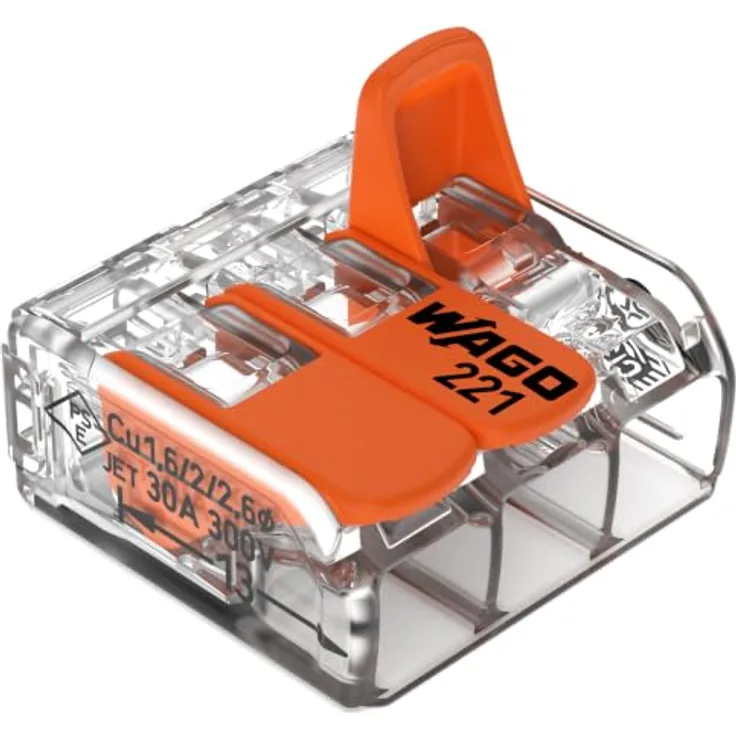WAGO 221-613 Verbindungsklemme, flexibel für Leiterquerschnitte 0.5-6mm², Polzahl 3, transparent orange