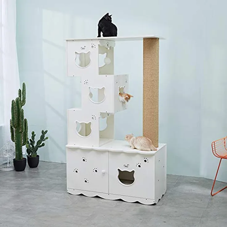 CatS Design 2 in 1 Kratzbaum & Katzentoilette Weiß / Kratzbaum Edel / Kratzbaum Grosse Katzen stabil / Inkl. Katzenklo Schrank