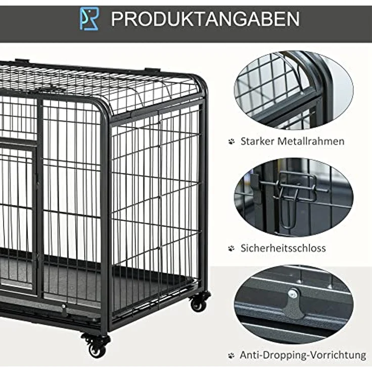 PawHut Transportbox Faltbarer Transportkäfig mit Rädern 2 abschließbare Türen und abnehmbares Tablett Metall Grau+Schwarz 94 x 58 x 69,5 cm – Bild 5