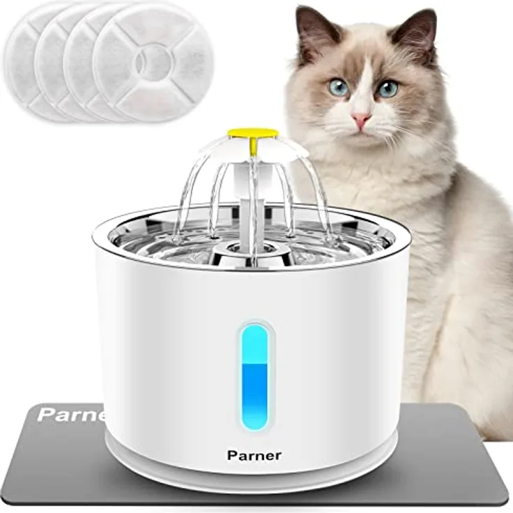 Parner Katzenbrunnen, Trinkbrunnen Wasserspender für Katzen mit Wasserstand Fenster, 2.4L Cat Water Fountain Rostfreier mit 4 Stück Hygienefilter & 1 Silikonmatte für Haustiere (WF01)