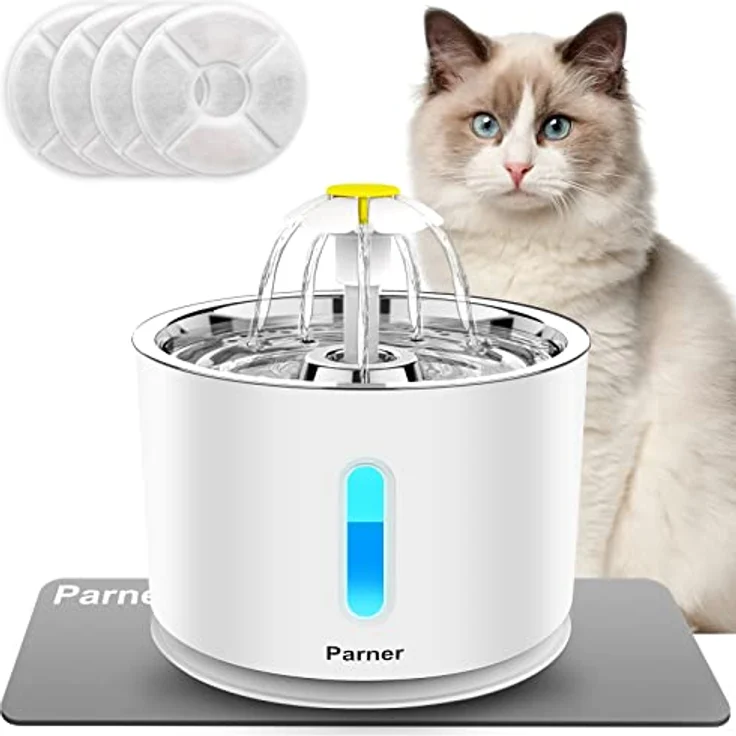 Parner Katzenbrunnen, Trinkbrunnen Wasserspender für Katzen mit Wasserstand Fenster, 2.4L Cat Water Fountain Rostfreier mit 4 Stück Hygienefilter & 1 Silikonmatte für Haustiere (WF01) – Bild 1