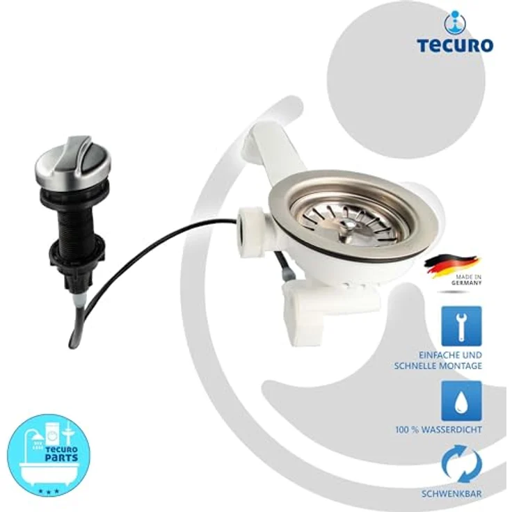 tecuro | Spülen Siebkorbventil 3 1/2 Zoll - Ø 114 mm | mit Seil-Drehbetätigung | für Küchenspülen | 1 1/2 Zoll Anschluss nach unten | mit Überlaufanschluss 1 Zoll | Oberteile aus Edelstahl | 53304, Edelstahl farbene Oberteile – Bild 3