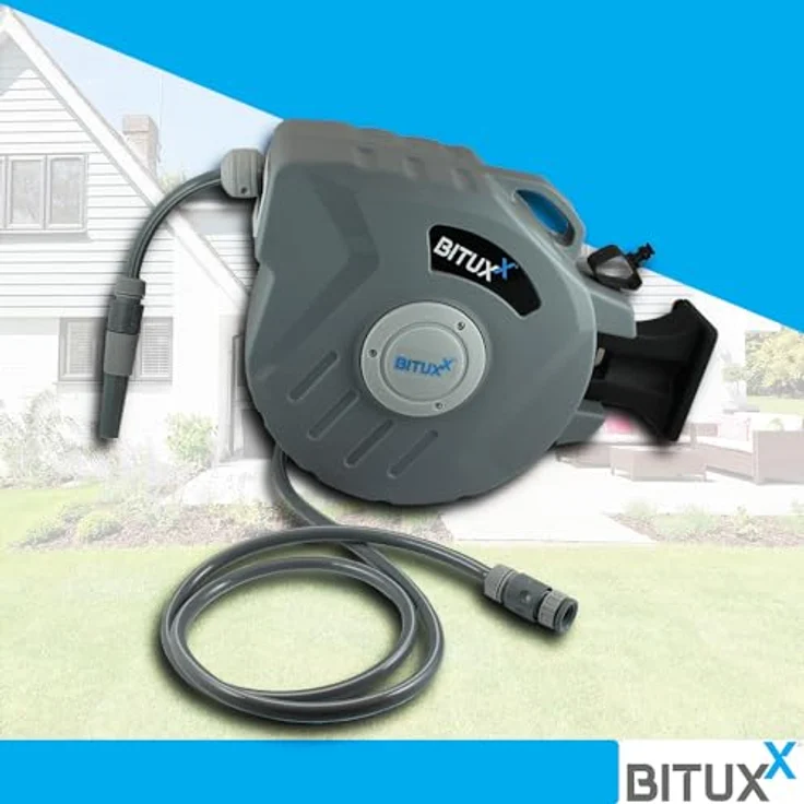 BITUXX Wand Wasser Schlauchtrommel mit Automatikauffrollung, 20 m, inklusive Spritzdüse und Montagematerial – Bild 2