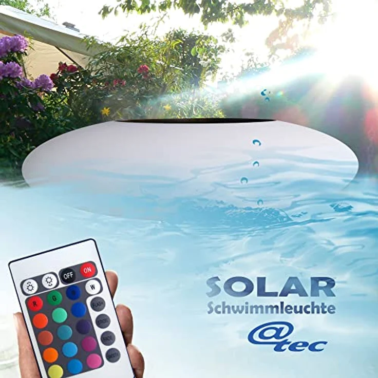 @tec LED Solar Schwimmleuchte ⌀25cm, wasserdichte Teich- / Pool-Beleuchtung mit Fernbedienung, Farbwechsel und Dämmerungssensor – Bild 4