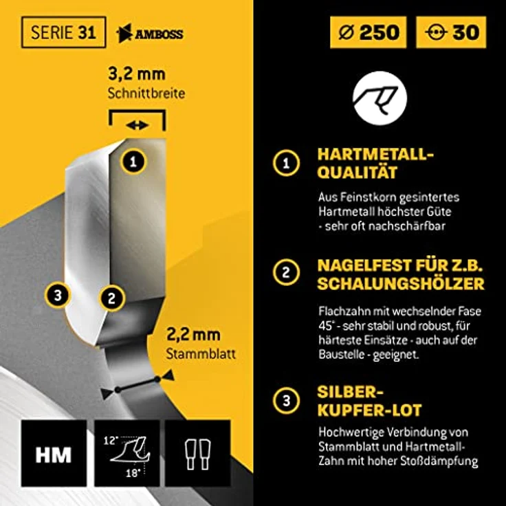 Amboss HM Kreissägeblatt - 250 x 3.2 x 30 Z=16 FWF – Bild 6