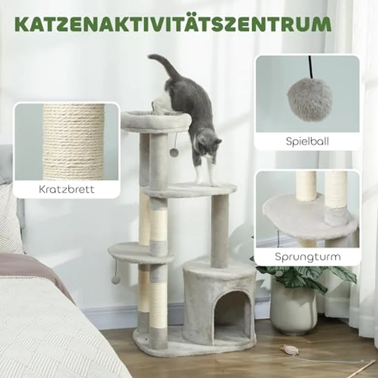 PawHut Kratzbaum 114 cm, mehrstöckiger Katzenkratzbaum mit Höhle, Sisalstämmen, Plattform und Spielball für mittelgroße Katzen unter 6 kg, Hellgrau – Bild 3
