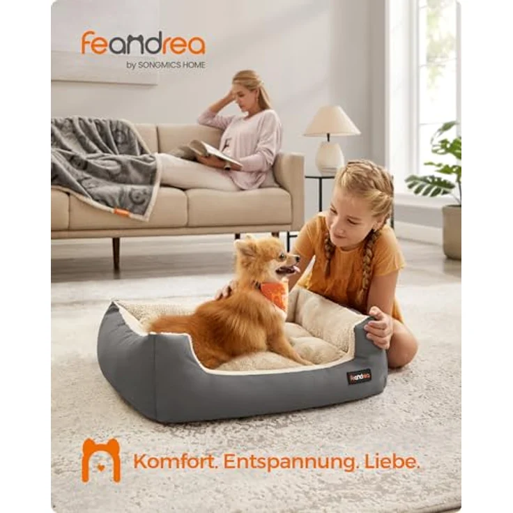 Feandrea Hundebett, Hundekorb mit Wendekissen, 70 x 55 x 21 cm, grau, tiergerechte Materialien, erhöhte Ränder, hypoallergene Füllung – Bild 3