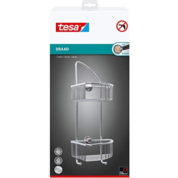 tesa draad Eck-Duschregal, zweistöckig, zwei Haken, Messing, verchromt, inkl. Klebelösung, 425mm x 180mm x 205mm – Bild 2