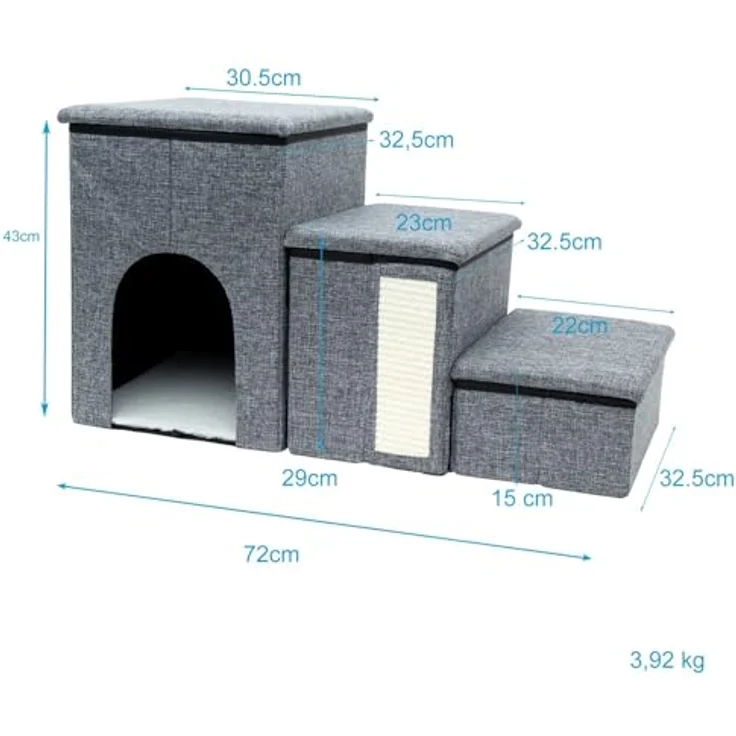 Intirilife Faltbare Hundetreppe mit 3 Stufen in Grau - Haustiertreppe mit Stauraum, Kratzmatte, Höhle - Ideal für kleine Hunde – Bild 2