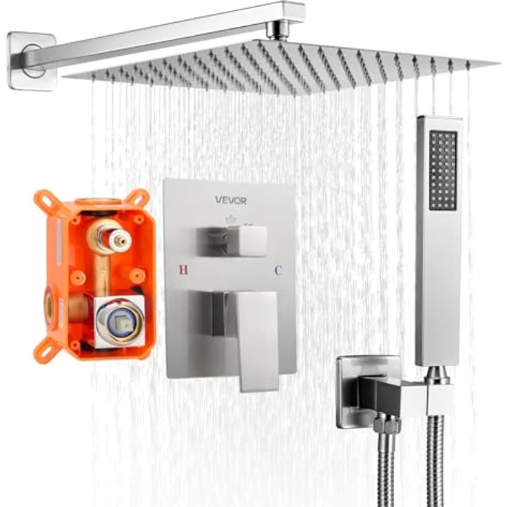 VEVOR Duscharmatur Regenduschsystem, 305 mm quadratischer Regenduschkopf & Handbrause, gebürstetes Nickel, Messingventil, gleichmäßige Wasserverteilung, Hochdruckdusche – Bild 1