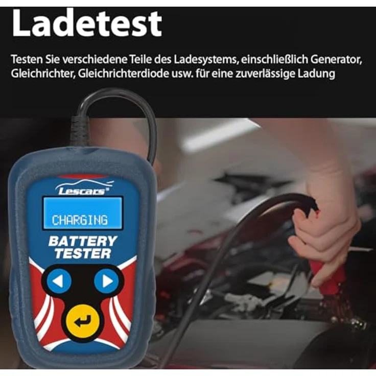 Lescars Batterieprüfer: 12-Volt-Kfz-Batterietester mit Lasttester, 100 bis 2000 CCA (Auto Batterietester Diagnosegerät, Kfz Batterieprüfer, Battery Tester) in Schwarz – Bild 3