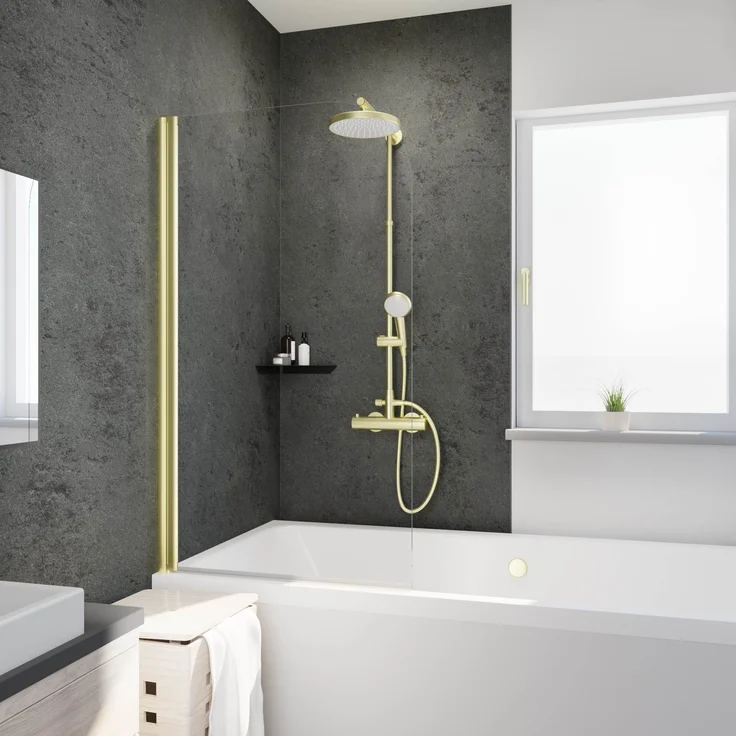 Schulte Badewannenfaltwand Komfort, 5 mm Sicherheitsglas, 80x140 cm, pendelbar, Klar, Goldoptik – Bild 1