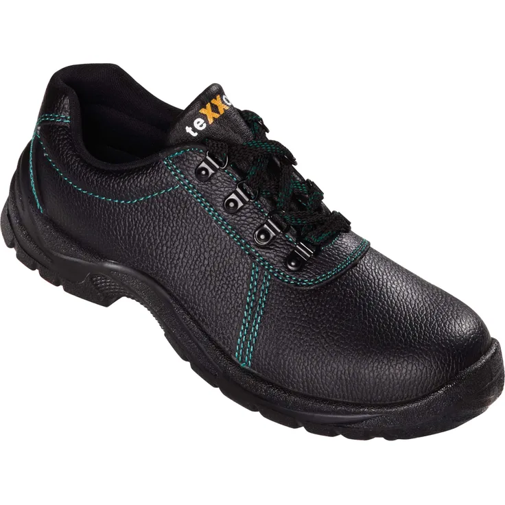 teXXor® S1-Sicherheitshalbschuhe ROUEN, Schwarz/Grün, atmungsaktives Rindleder, Stahl-Zehenschutzkappe, EN ISO 20345:2011 zertifiziert