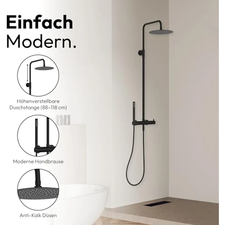 Marwell Duscharmatur Duschset Classico schwarz, verstellbare Duschstange 88-118 cm, Regendusche Ø250 mm, Handbrause mit Schlauch – Bild 2