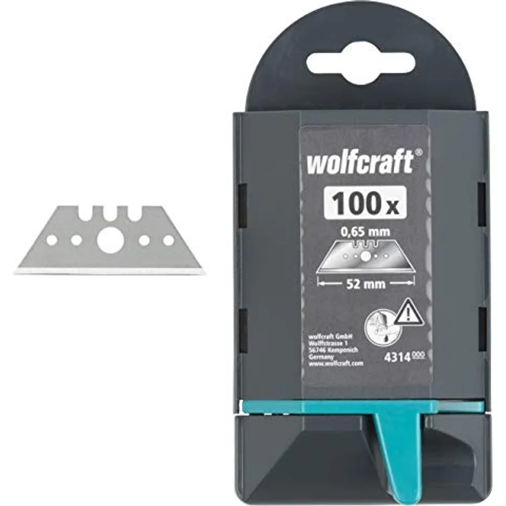 wolfcraft 100 Profi-Trapezklingen, 0,65 mm dick, 52 mm lang, in Spenderbox, rostfreier HCS-Stahl – Bild 3
