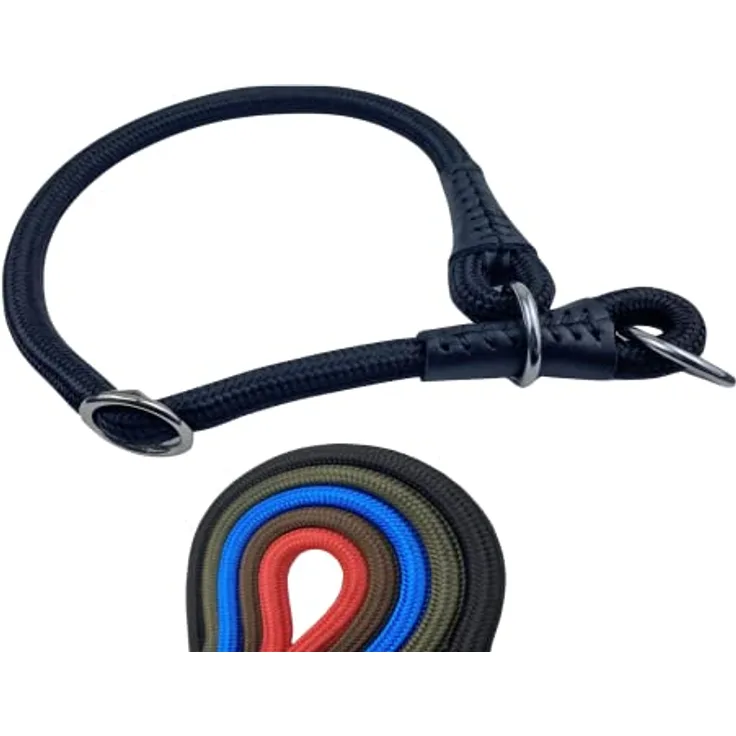 MediMuc Soft Cord Hundehalsband, Zugstopper, Nylon Halsung, schwarz, S - 45cm, robust, wetterfest, textilverstärkt, Leder-Endkappen