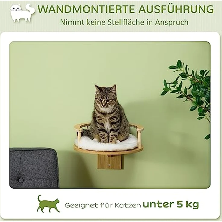 PawHut Katzen Kletterwand, Katzenliege für die Wand, Katzenbett für Wandmontage, Katzen Hängematte, Katzenplattform mit Kissen, Katzenmöbel, Eiche+Cremeweiß, Ø34 x 10,5 cm – Bild 4