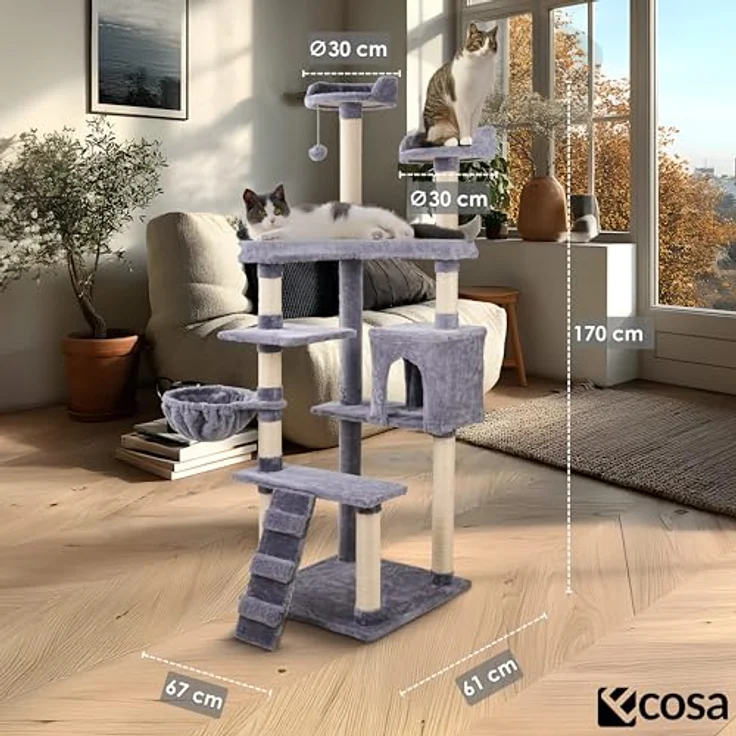 Ecosa® XXL Katzen Kratzbaum 170 cm, stabiler Kletterturm mit 9 Kratzsäulen, 6 Plattformen, Katzenhöhle, Hängematte und Spielball – Bild 5