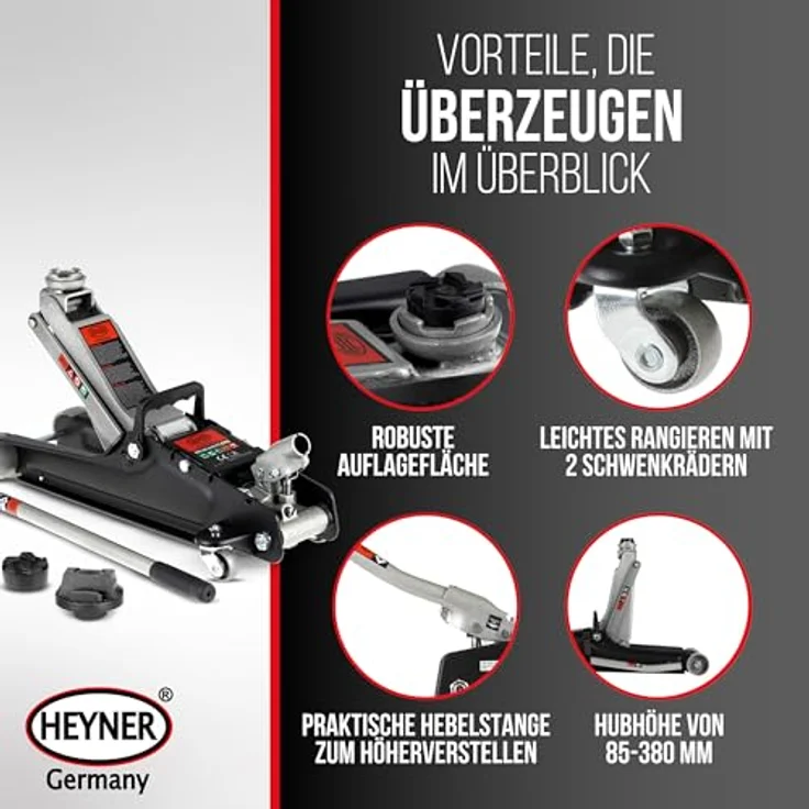 HEYNER® Hydraulik‑Rangierwagenheber Set 2,25 t, mit Mercedes Gummiauflage, 45 mm Gummiteller, pulverbeschichteter Stahl, leicht rangierbar – Bild 4