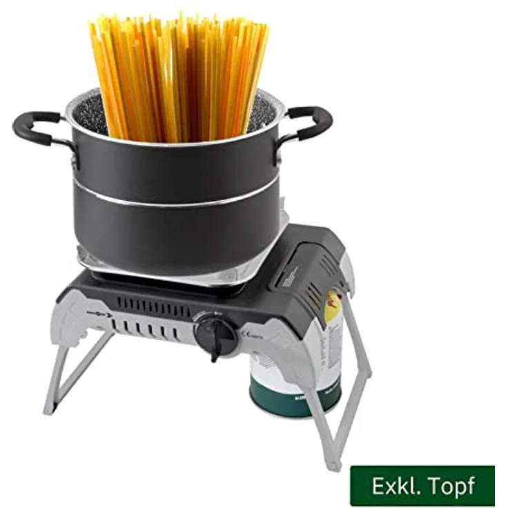 Brunner Campingkocher, tragbarer Gaskocher mit klappbaren Beinen, 2,4 kW Leistung, inkl. Kunststofftransportbox, Edelstahl-Rost – Bild 7