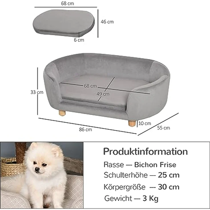 Pawhut Haustiersofa Hundesofa Hundebett mit Holländischer Samt Schaumstoff Birke Bein für Katzen Hunde 86 x 55 x 33 cm Hellgrau – Bild 3